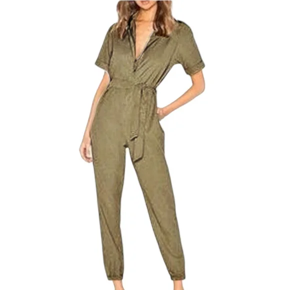 MONROW Utility Jumpsuit Revolve Olive Green Khaki Zip-Up Ankle Jogger Style M - Picture 1 of 10